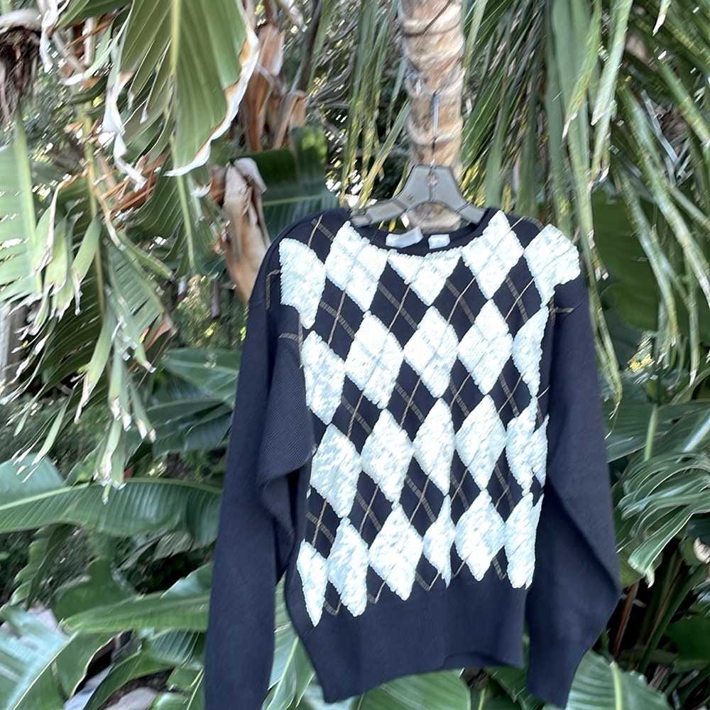 Wool blend sequin and beaded argyle sweater